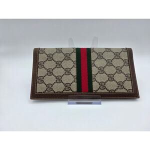 Gucci Vintage GG Canvas Web Stripe Long Wallet Brown Monogram Leather